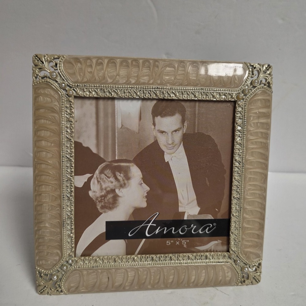 Vintage Amora Gold Enamel Square 5x5 Photo Frame Pearl Beaded Wedding Ornate